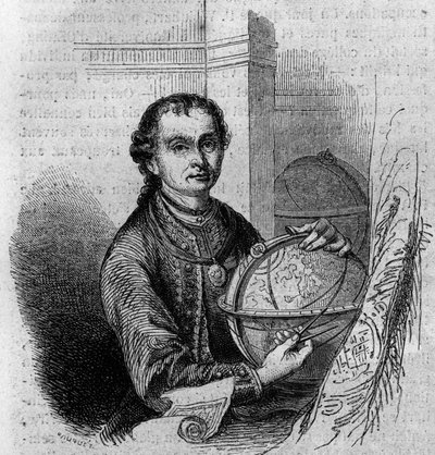 Pierre (Peter) Anich (1723-1766), tiroli csillagász és térképész portréja, aki földgömböt és iránytűt tart a kezében. Metszet a „Le Magasin festői”-ben alkotó: French School