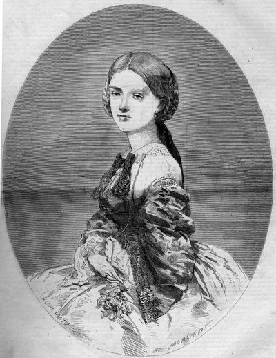 Savoyai Klotild hercegnő (1843-1911), Napóleon herceg leendő feleségének (1822-1891) portréja. Metszet az 1859. január 29-i „” Le Monde Illustré”” 94. sz. alkotó: French School