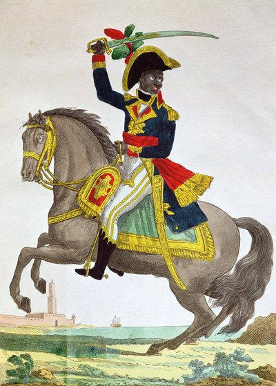 Toussaint Louverture (1743-1803) portréja lóháton, 19. század eleje (színes metszet) alkotó: French School