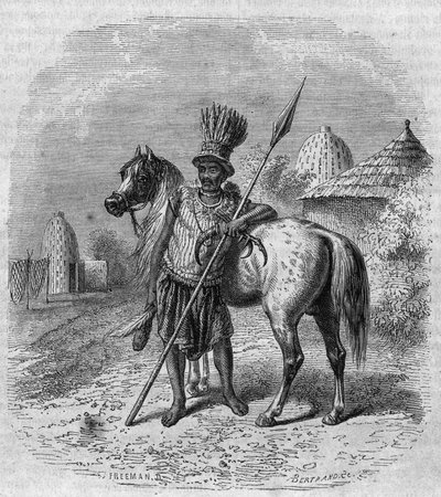 A Mousgou törzs vezetőjének portréja Közép-Afrikában, 19. század közepe. Freeman gravírozása a „" The Picturesque Magasin"-ban alkotó: French School