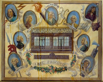 Történelmi személyiségek portréja és a párizsi Le Procope kávéház látképe: Benjamin Franklin, Jean Jacques Rousseau, Voltaire, Jean D