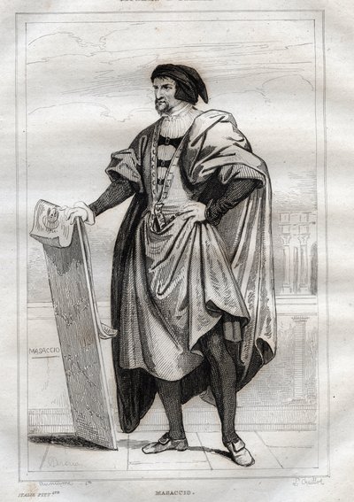 Masaccio (Tommaso di Giovanni Cassai) olasz festő portréja (1401-1428) - Metszet a „festői” Olaszországból – Olaszország történelmi és leíró festménye”, M. de Norvins, Ch. Nodier 1834-1836. alkotó: French School