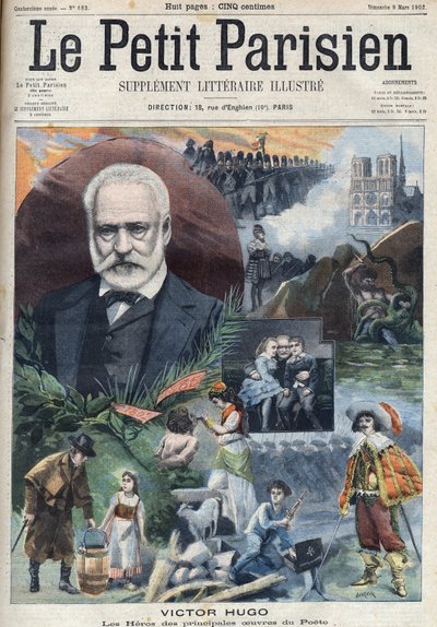 Victor Hugo (1802-1885) francia író portréja főbb műveinek illusztrációival. "Le petit Parisien" metszet alkotó: French School