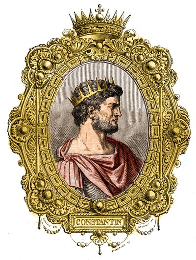 I. Nagy Konstantin római császár portréja (274-337). Metszet a „Pápák-királyok-királynők és császárok története évszázadokon keresztül” című könyvébe, Maurice Lachatre alkotó: French School