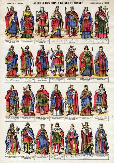 Franciaország királyainak és királynőinek portréja a Capetian dinasztiától (Capetian dinasztia) Lothaire-től (941-986) X. Lajosig, Hutinig (1289-1316). Epinális képalkotás a 19. század végéről. Magángyűjtemény. alkotó: French School