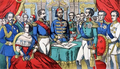 Európa uralkodóinak portréja az 1856-os békeszerződés idején: balról jobbra, Viktor Emmánuel (Victor Emanuel) (Vittorio Emanuele), Szardínia királya, Viktória, Anglia királynője, III. Napóleon török császár, II. Sándor király Oroszország, F alkotó: French School