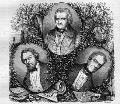 Jean Baptiste Antoine Lassus (1807-1857) francia építész portréi (balra); Charles Lacretelle Jeune (1766-1855), francia történész és jogász (középen); és báró Auguste Gaspard Louis Desnoyers (1779-1857), francia metsző. Metszet 1858-ból. alkotó: French School