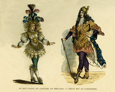 XIV. Lajos király (1638-1715) portréi színházi jelmezben és körhintában. Színes metszet, „France et les francais a travers les centuries”-ben, Augustin Challamel, F.Roy szerkesztő, Paris 1882. Selva Collection. alkotó: French School