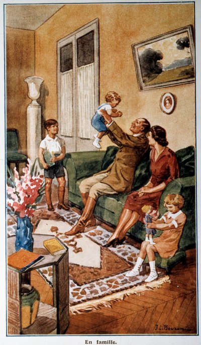 Családi jelenetet ábrázoló postai és távközlési naptár, 20. század (nyomtatás) alkotó: French School