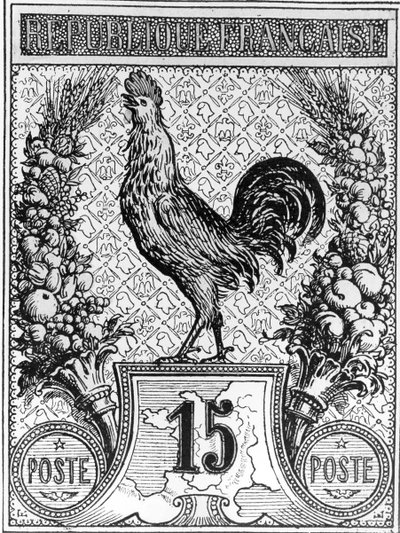 A francia kakast ábrázoló postabélyeg, a Francia Köztársaság jelképe, 19. század vége alkotó: French School