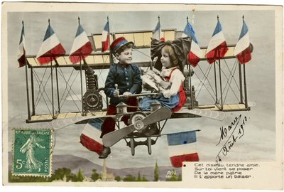Képeslap: Ez a gyengéd madárbarát rád jön, hogy megkérdezze az anyaországot, csókot hoz neked, augusztus 24. alkotó: French School
