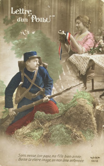 Egy Poilu levelét ábrázoló képeslap, 1914-18 (színes fotó) alkotó: French School