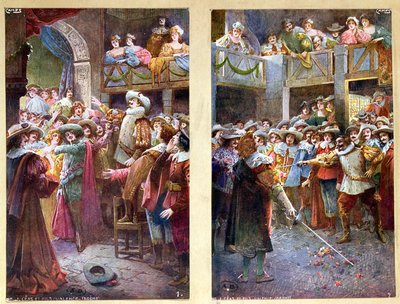 Cyrano de Bergeracot és a párbajt ábrázoló képeslapok a Hotel de Bourgogne-ban, 1900 körül alkotó: French School