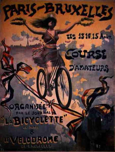 A Párizs–Brüsszel amatőr kerékpárversenyt hirdető plakát (színes litó) alkotó: French School