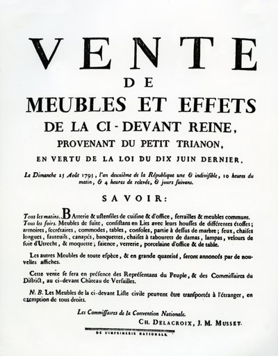 Marie-Antoinette bútorainak és effektusainak eladását hirdető plakát augusztus 25-én alkotó: French School