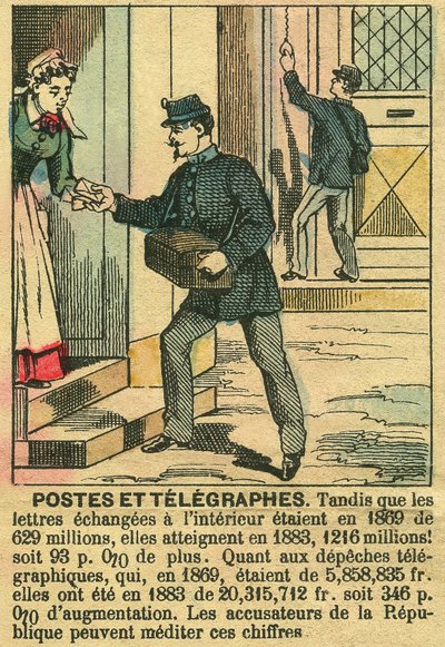 Posták és távírók, illusztrálva a távközlés és a Posta jó működését a Köztársaságnak köszönhetően. Metszet, „” Le Figaro, melléklet”, 1889.03.30., Párizs. Coll. Selva. alkotó: French School