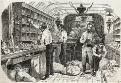 Hozzászólások: a mobil iroda belseje - Edmond Texier 1852-es gravírozása „Tableau-de-Paris”-ban alkotó: French School