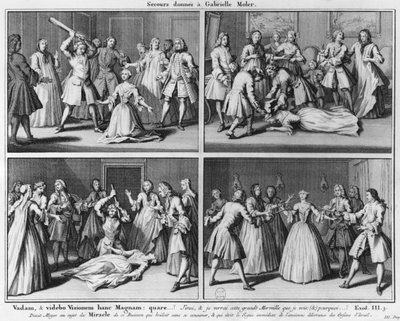 Gabrielle Moler segítésének gyakorlata, illusztrációja a La verite des miracles de Paris de Paris...-ból, Louis Basile Carre de Montgeron (1686-1754) 1747, Köln alkotó: French School