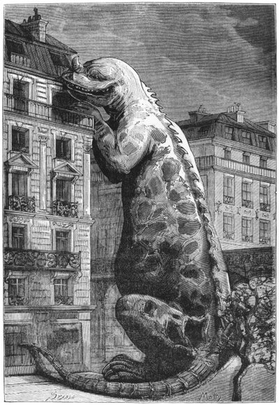 Őskori szörnyeteg egy modern városban, Motty metszetével (19. század) Illusztráció a Le Monde Avant la Creation de l