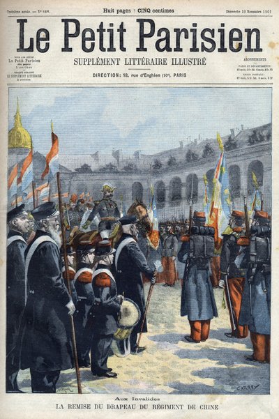 Faure Biguet (Faure-Biguet) tábornok bemutatta a Kínai Ezred zászlaját Arnoux tábornok kormányzójának a párizsi Invalidusoknál, a „Le petit Parisien” 1901-ben (metszet) alkotó: French School