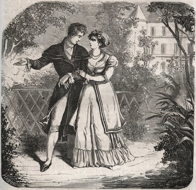 Brunswicki Karolina walesi hercegnő (1768-1821) szeretőjével, Bartolomeo Bergamival sétál. Metszet 1871-ből Henry de Kock (1819-1892) „Histoire Des Cocus Celebres” c. alkotó: French School