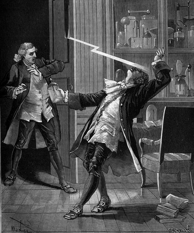 Georges Guillaume Richmann professzor (1711-1753) egy elektrométeres kísérlet után a műhelyében halt meg. alkotó: French School