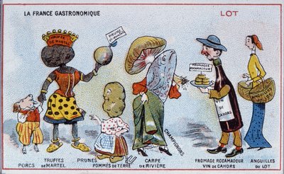 Promóciós és oktatási kártya, amely a Lot régió ételkülönlegességeit ábrázolja, 1910 körül alkotó: French School
