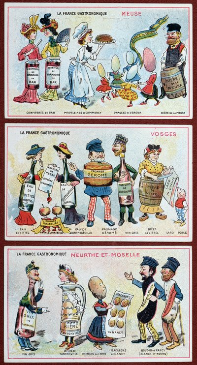 Promóciós és oktatókártyák gyerekeknek, amelyek Lotaringia régió ételkülönlegességeit ábrázolják, 1910 körül alkotó: French School