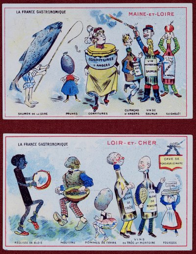 Promóciós és oktatási kártyák gyerekeknek, amelyek Maine-et-Loire és Loir-et-Cher régió ételkülönlegességeit ábrázolják, 1910 körül alkotó: French School