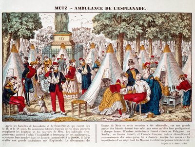 Porosz háború: 1870-ben Metzben sebesültek ellátására szerelt mentőautó az esplanádra (metszet) alkotó: French School