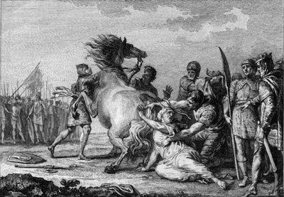 Brunehaut büntetése, 613: Brunehaut vagy Brunehilde (543-613), Ausztrália királynője egy fékezhetetlen ló farkához tapad, mielőtt a földre rántják. 18. századi metszet. alkotó: French School