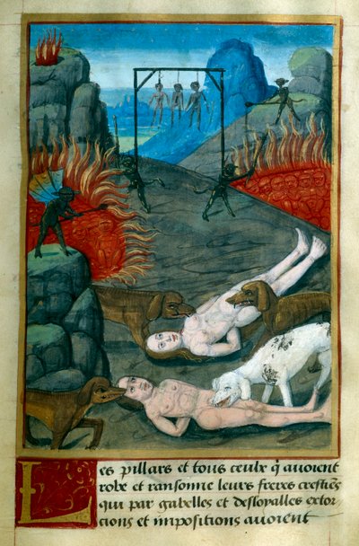 A pokolban a tolvajok és fosztogatók büntetése: felakasztják, elégetik és felfalják őket a kutyák. Miniatúra Jean Gerson (1363-1429) "Le Tresor de Sapience" című művéből 15. század Chantilly, Musee Conde alkotó: French School