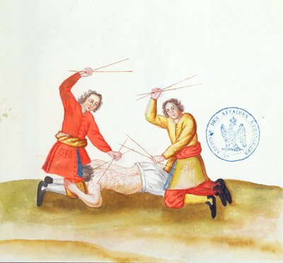 Büntetés botokkal, Voyage en Russie, 1731 (toll, tinta és WC papíron) alkotó: French School