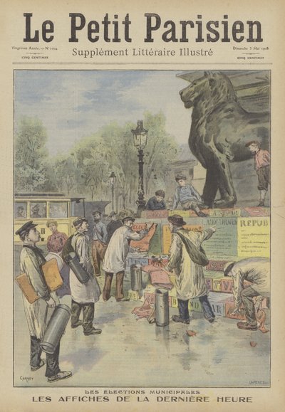 Plakátok kihelyezése a francia helyhatósági választásokra (színes litó) alkotó: French School