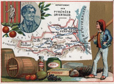 Pyrenees Orientales (66), Languedoc-Roussillon, Languedoc Roussillon, Franciaország. Dominique Francois Jean Arago (1786-1853) portréja. Helyi specialitások: méz és szardínia. Sorozat a francia minisztériumokról. Kromolitográfia (Chromo) „” a földrajzi szá alkotó: French School