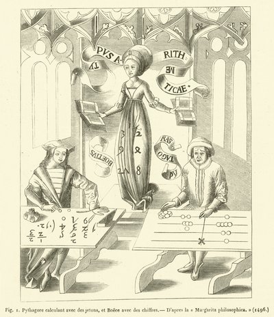 Pythagoras jelzőkkel számol, Boece pedig számokkal (metszet) alkotó: French School