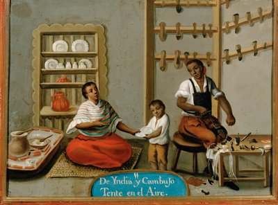 Versenyek Mexikóban: Mestíz cipész és kerámiaárus a műhelyükben. alkotó: French School