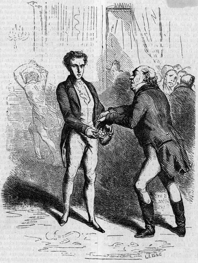 Rastignac szédülve hagyja, hogy a fehér hajú elvigyen tíz Louist. Metszet 19. század közepe. Illusztráció Honore de Balzac (1799-1850) „The Father Goriot”-hoz. alkotó: French School