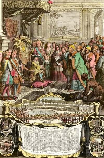 A nagy Achmet szultán török követének, Mehemet Effendinek a fogadása XV. Lajos által 1721. március 21-én a Tuileriákban. Metszet a 18. századból. Magángyűjtemény. alkotó: French School