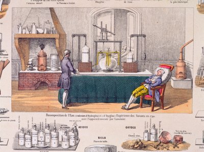Víz újrakompozíciója hidrogénből és oxigénből: Antoine Laurent de Lavoisier (1743-94) egy pihenő ember légzésével kísérletezik, illusztráció egy oktatólemezről, 1860 körül (színes metszet) alkotó: French School