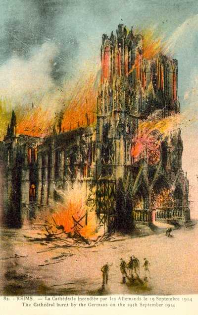 Reims, a németek által 1914. szeptember 19-én felgyújtott katedrális (színes litó) alkotó: French School