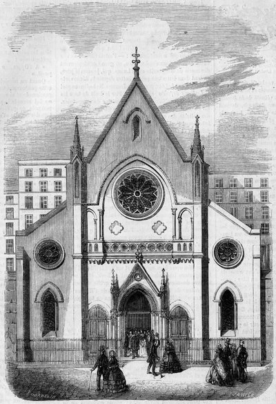 Vallási építészet: kilátás a templom homlokzatára a Párizsban élő amerikaiaknak, rue de Berry, 1857-ben. Az épületet Mr. Salmon építész építette. Metszet a „” Le Monde Illustré”” 33. számában, 1857. november 28-án. alkotó: French School