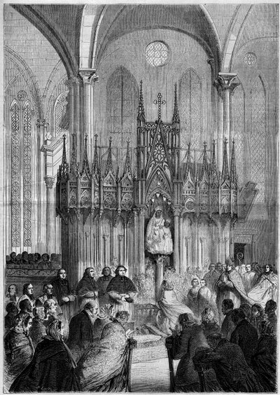 Vallási művészet: Notre Dame du Pillar vagy „” Virgo Noire” szobra (1540 körül) a chartres-i katedrálisban (Eure et Loire, 28) 1858-ban. Metszet a „” Le Monde Illustré” 89. számában, december 25. 1858. alkotó: French School
