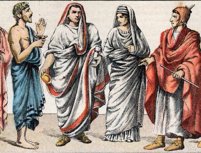 Vallási jelmezek az ókorban: a g a d-tól egy görög pap, áldozati lelkész, az ókori Róma nagy pápa (Pontifex maximus) portréja, egy vestal, az ókori Róma előnője és egy flamingó (flamen) római pap, aki egy ember imádatának szentelte magát. Isten alkotó: French School