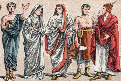Vallási jelmezek az ókorban: a g a d-tól egy görög pap, áldozati lelkész, vestál, az ókori Róma előnője és az ókori Róma nagy pápája (Pontifex maximus), popa és flaminó (flamen) római pap portréja, aki az istentiszteletnek szentelte magát. o alkotó: French School