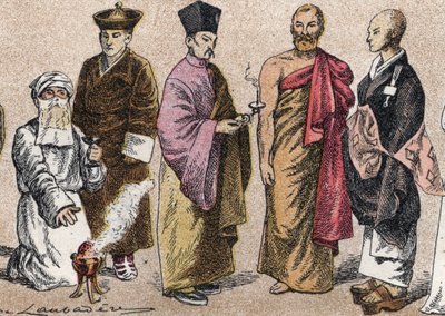 Ázsia vallási viseletei: g a d-tól Parsi pap (a parszizmus elemzője vagy követője), Láma (tibeti lelki tanítómester), kínai buddhista pap, ceyloni bonze és japán buddhista pap portréja - Gravírozás - Vallási viseletek Ázsiában: balról rig alkotó: French School