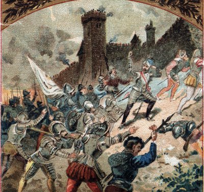 Vallásháborúk: 1567-ben a hugenották elfoglalták Dampierre várát. A 19. század végének kromolitográfiája alkotó: French School