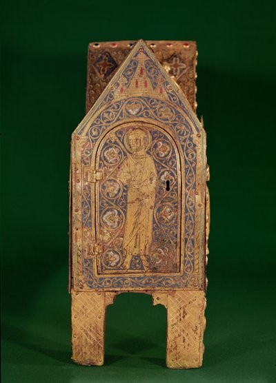 Szent Calminius ereklyetartó ládája, a kulcsokat tartó Szent Péter részlete, Limoges (réz és champleve zománc) alkotó: French School