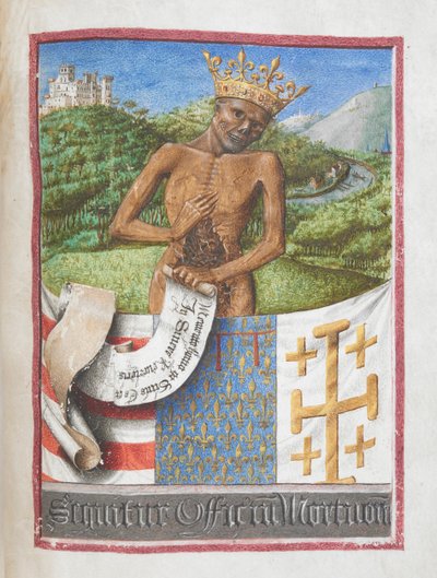René, Anjou hercege koronás csontvázként, Anjou René óráinak könyvéből (vellum) alkotó: French School
