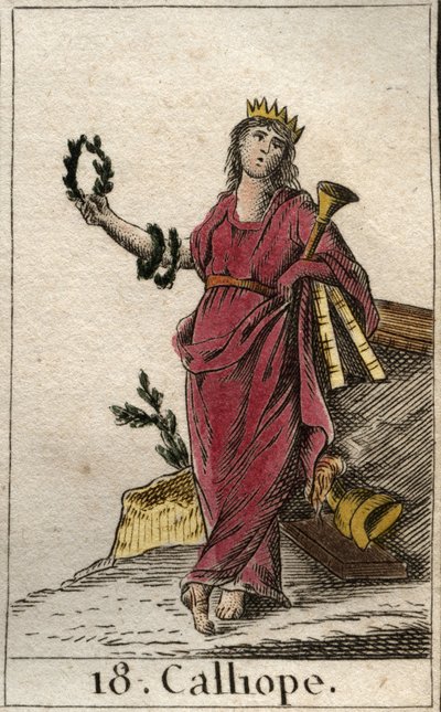 Calliope ábrázolása, az epikus költészet múzsája, kezében koronát és az epopea trombitáját tartja (Calliope ábrázolása, A hősi költészet múzsája). Pierre Blanchard „Az ifjúság mitológiájából”, 1803. alkotó: French School